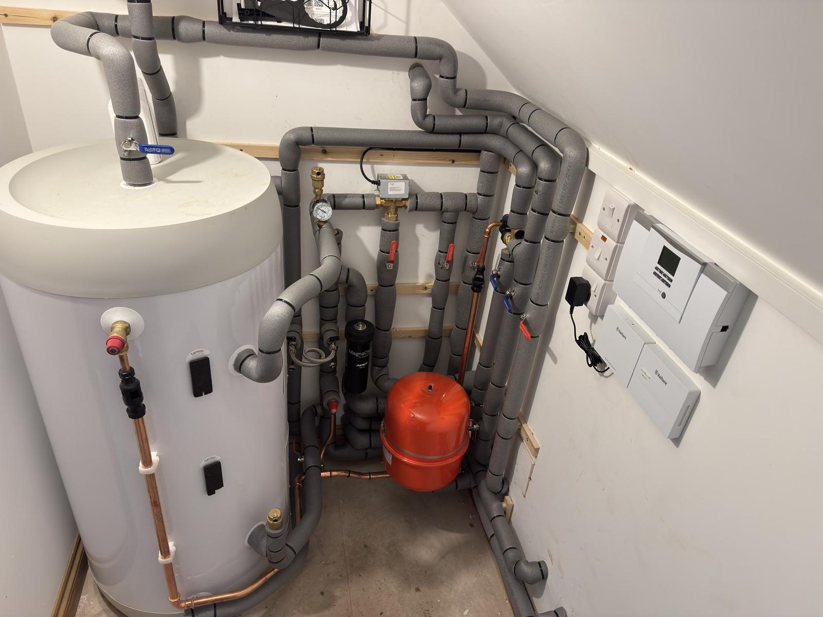 Plant room pipework and cylinder on one of our own installations